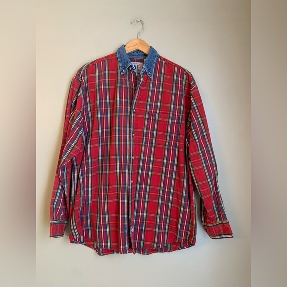 American Eagle Outfitters Other - Vintage American Eagle Outfitters Shirt Mens L Plaid Denim Collar Button Up 90s